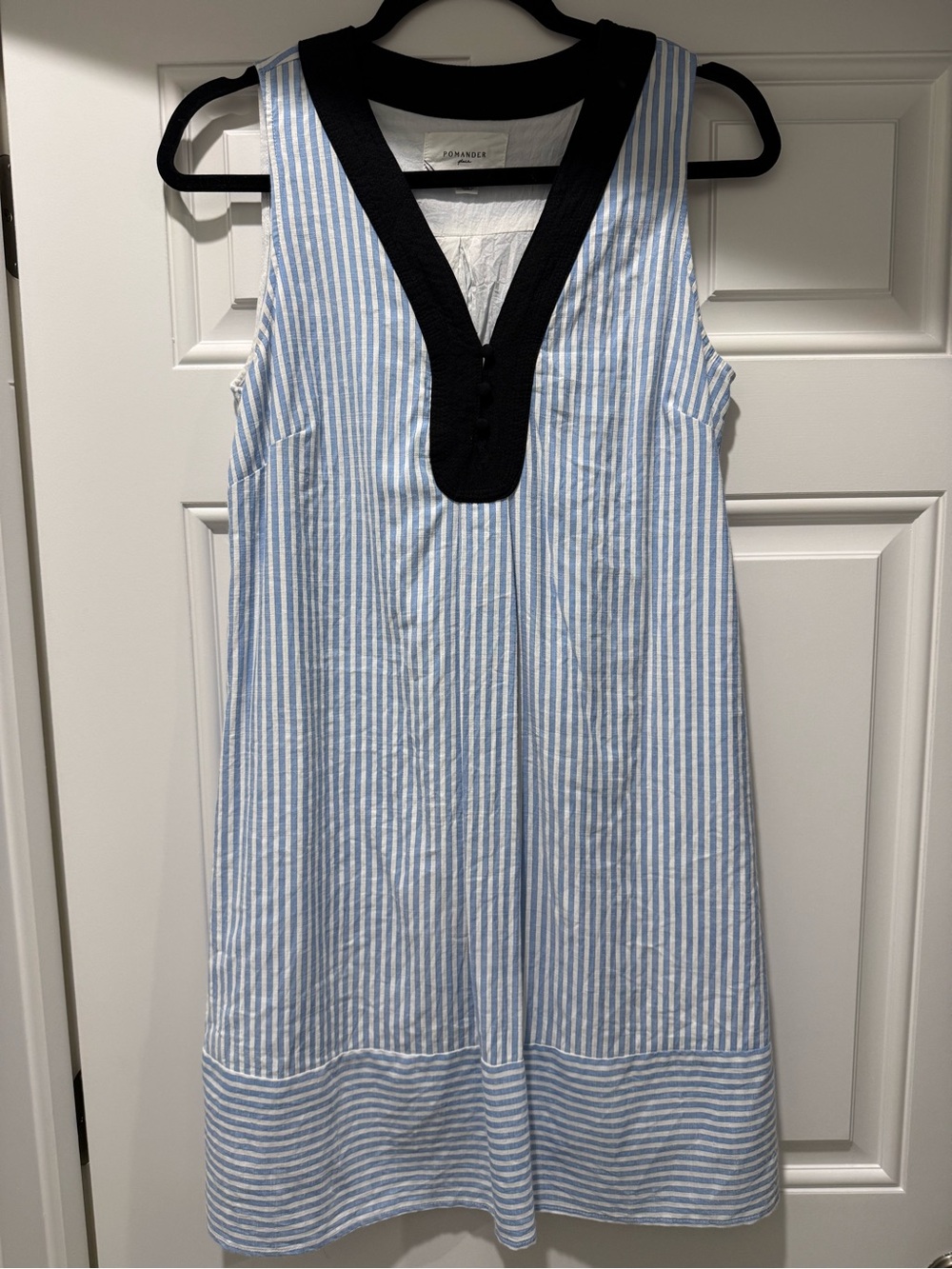 Pomander Place Blue and White Striped Blouse with Black Trim